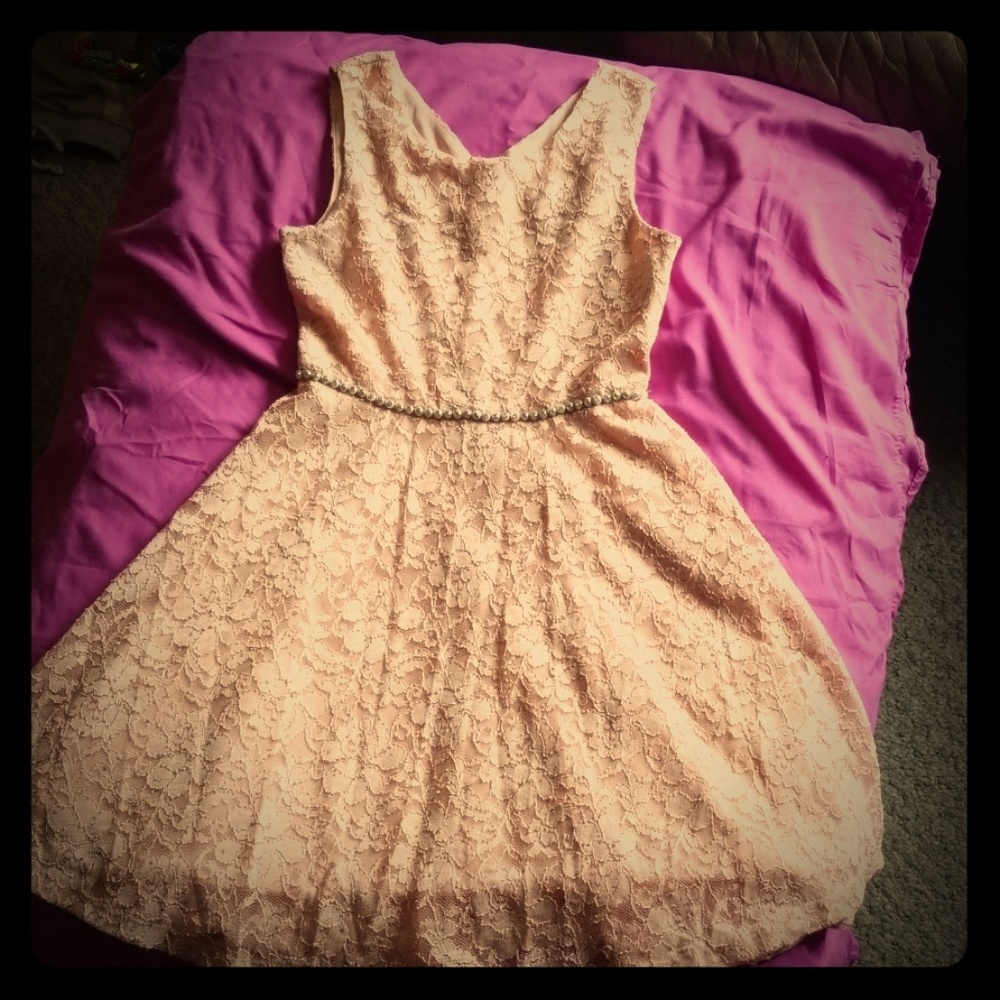 Girls peach colored lace knee length formal dress